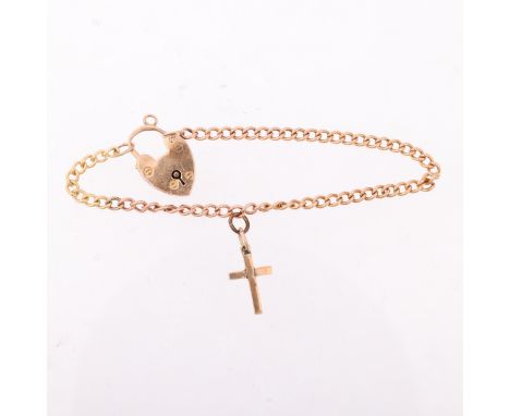 An early 20th century 9ct gold curb link chain bracelet, with unmarked gold cross charm and 9ct heart padlock clasp, 15cm, 5.