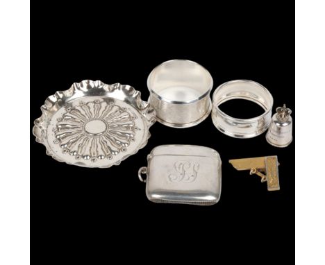 Various silver, including pin tray, Elizabeth II Coronation commemorative thimble, Vesta case etc, 3.2oz total Condition Repo