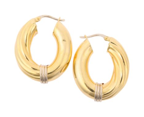 A pair of Continental 18ct two-colour gold hollow hoop earrings, with English lock fittings, 30.7mm, 7.8g Condition Report: S