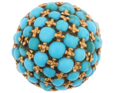 An Italian 18ct gold turquoise bombe ring, late 20th century, pave set with round cabochon turquoise, setting height 15.6mm, 