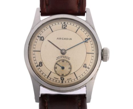 ARCADIA - a Vintage stainless steel mechanical wristwatch, circa 1950s, silvered dial with black eighthly Arabic numerals, bl