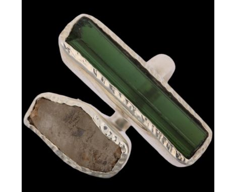 A modern sterling silver green tourmaline and quartz crystal torque ring, setting height 24.2mm, size O, 6.1g Condition Repor