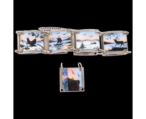 NILS ERIK ELVIK - a Norwegian sterling silver and hand painted enamel panel bracelet, band width 18.6mm, 17cm, 32.5g Conditio