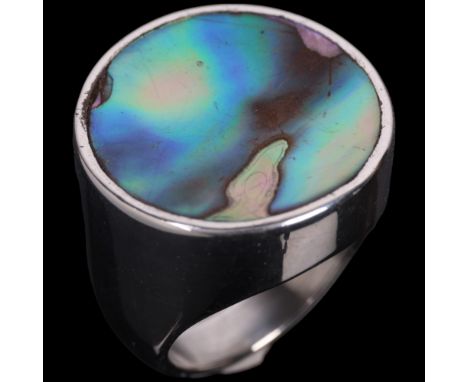 PALLE BISGAARD - a large Danish modernist sterling silver and abalone shell dress ring, model no. 15, setting height 25.4mm, 