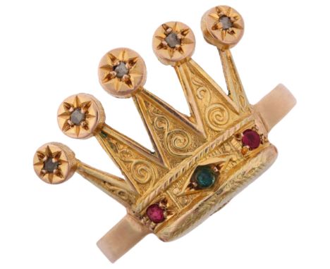 An Antique 9ct gold emerald ruby and diamond crown ring, setting height 15.9mm, size N, 3.4g Condition Report: Ring has been 