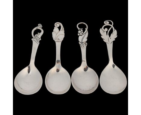 4 Art Nouveau style Danish silver floral preserve spoons, circa 1930s/50s, 11cm, 1.6oz total Condition Report: No damage or r