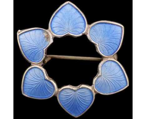 VOLMER BAHNER - a Danish modernist sterling silver blue enamel heart wreath brooch, 30.9mm, 4.1g Condition Report: 1 heart ha