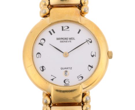 RAYMOND WEIL - a gold plated Gold Collection quartz calendar bracelet watch, ref. 5352, white enamel dial with Arabic numeral