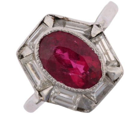 A late 20th century platinum synthetic? ruby and diamond hexagonal panel ring, maker B&amp;M, London 1985, rub-over set with 