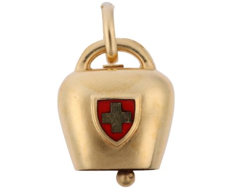 An Italian 18ct gold and red enamel novelty Swiss flag cowbell charm/pendant, 18.6mm, 3.2g Condition Report: No damage or rep
