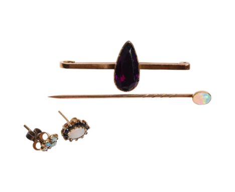 Various gold jewellery, including 9ct amethyst bar brooch, opal stickpin, etc, 5.7g gross (4) Condition Report: Lot sold as s