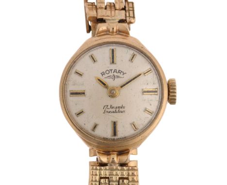 ROTARY - a lady's 9ct gold mechanical bracelet watch, silvered dial with applied gilt baton hour markers, pencil hands and 9c