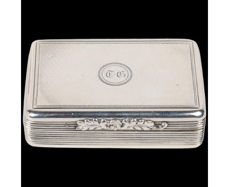 A George IV silver snuffbox, Edward Edwards, London 1835, rectangular form with engine turned decoration, reeded side panels,