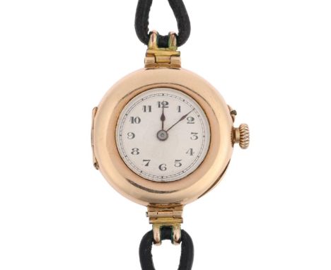 A lady's early 20th century 9ct gold mechanical wristwatch, circa 1916, silvered engine turned sunburst dial with Arabic nume