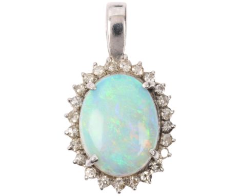 A late 20th century opal and diamond oval cluster pendant, claw set with 3ct oval cabochon opal surrounded by single-cut diam