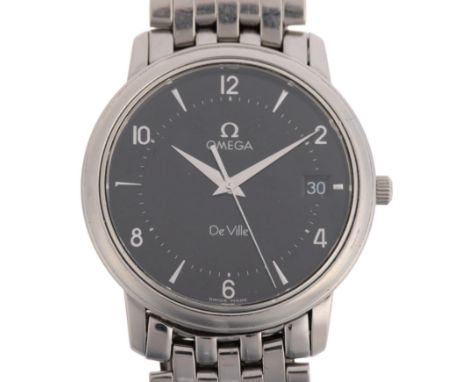 OMEGA - a stainless steel DeVille Prestige quartz calendar bracelet watch, ref. 196.1150, circa 1998, black dial with eighthl