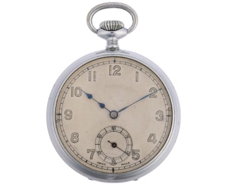 ZODIAC - an early 20th century nickel-cased open-face keyless pocket watch, silvered dial with Arabic numerals, blued steel h