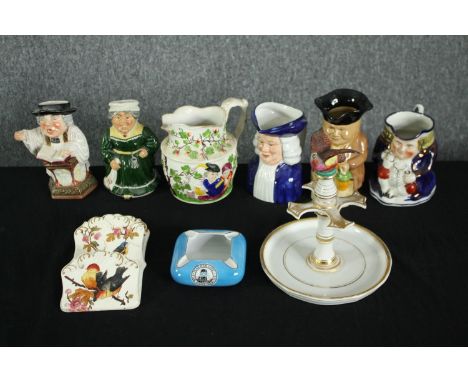 A collection of ceramics and porcelain, including five toby jugs, a Maersk, Far East service ash tray and a 19th century hand