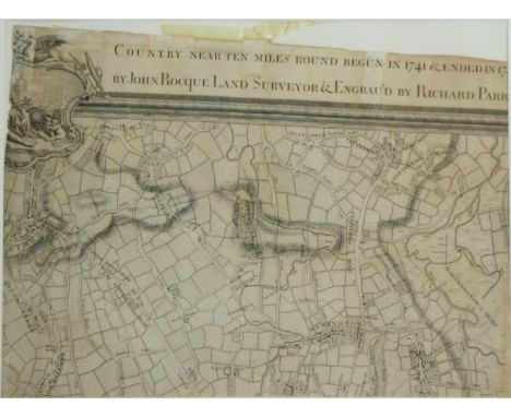 A section of an 18th century map around North London, John Rocque, Land Surveyor dated 1741. Framed and glazed. H.76 W.93cm. 