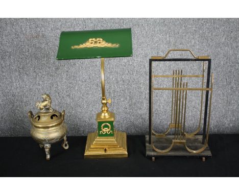 A Chinese censer with Foo dog finial, a brass and Toleware banker's lamp and a vintage brass and metal magazine rack. H.43cm.