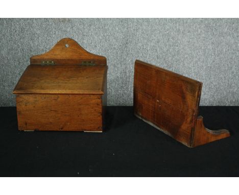 A 19th century wall mounted mailbox along with a wall shelf or bracket. H.34 W.35 D.24cm. (Largest) 