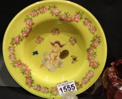 Cranberry Glass vase, a Victorian hand painted glass, Cherub plate, two boxed glasses and an antique glass slipper form condi
