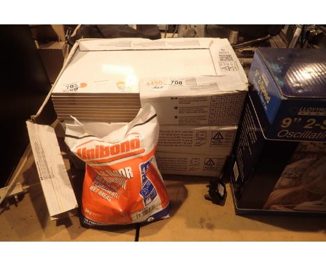 Three boxes of white glazed ceramic wall tiles, 1m squared each box of 10 tiles and packet of wall and floor tile grout. Not 