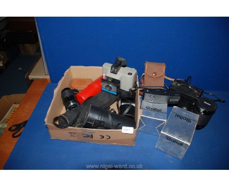 A box of various Photographic items including two Heidosmat 150mm f/3.5 Slide Projector Lenses, a Kodak No. 2 Brownie Camera,