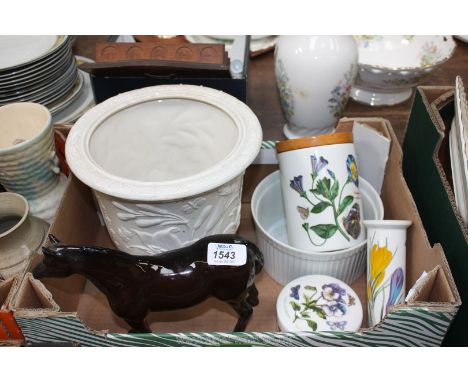 A tall White Portmeirion Planter, three pieces of Botanic Garden Portmeirion and a Royal Worcester Souffle Dish