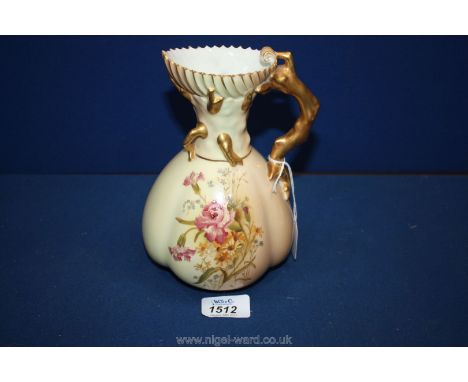 A Royal Worcester blush ivory Jug, with highly gilded shell decoration to rim, twig style handle, Carnation decoration to the