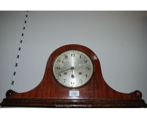 A 1920's Napoleon hat Mahogany Mantle Clock with five bar Westminser chiming movement, a/f