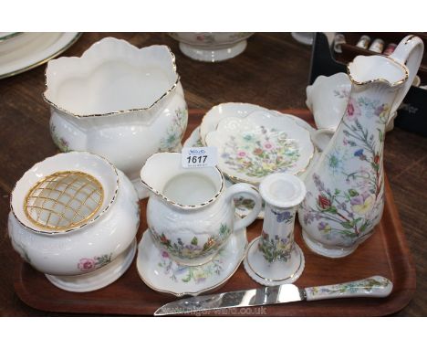 A quantity of Aynsley "Wild Tudor" pattern including jardiniere, Rose bowl, long stemmed jug, candlestick, jug, plates, etc.