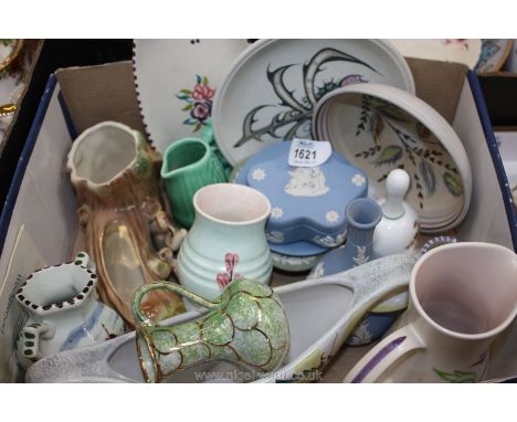 A quantity of china including Wedgwood Jasperware in green and blue, Poole jug and a small plate, Hornsea posy vase and a two