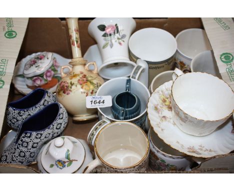 A quantity of china including golfing and cricketers Royal Worcester mugs, other commemorative Mugs, Aynsley lidded pots, a p