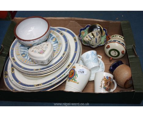 A quantity of miscellaneous china including commemorative mugs, pottery bowl and plate, Royal Worcester Crownware meat plate 