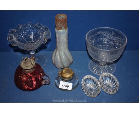 A glass Inkwell, small cranberry glass oil Lamp, pair of salts, etc.