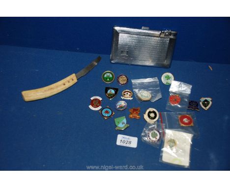 A quantity of Enamel Badges, Vesta, lighter and a horse hoof Knife, etc.