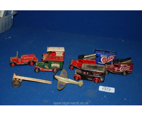 Six Lledo promotional model Vans, model fire engine and Spitfire aeroplane
