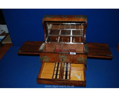 A Burr Walnut and brass Tantalus case with two compartments for cigarettes and cigars and a secret drawer for cribbage boards