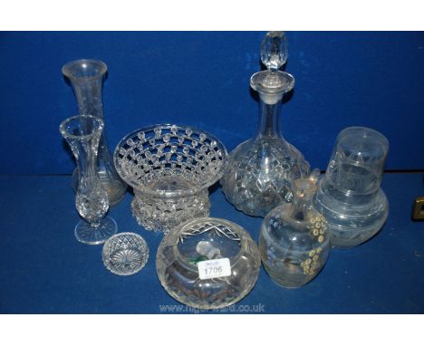 A quantity of glass including decanter, basket, vases, etc.