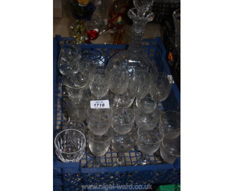A quantity of Etched Sherry Glasses along with a Decanter