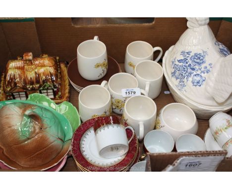 A quantity of china including Carltonware coffee Mugs and saucers, Limoges coffee cans and saucers, Crown Devon Hen on a nest