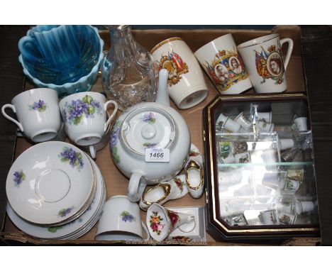 A quantity of china and glass including part Victorian Teaset decorated with violets, turquoise glass jug and basin, cut glas