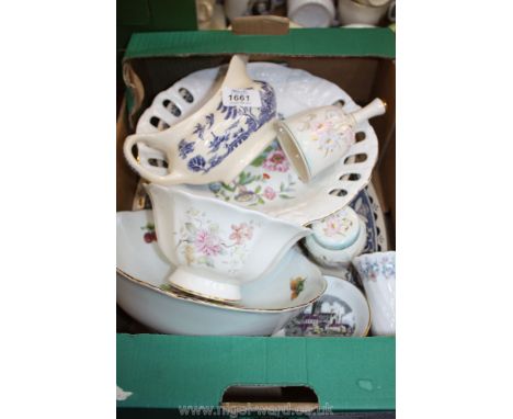 A quantity of china including Wedgwood Vase, Staffordshire old granite hearts and flowers Meat Plate and bowl, Aynsley Jubile