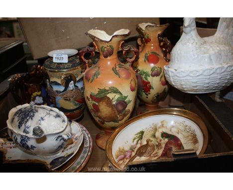 A box of china including two Staffordshire china two-handled fruit decorated Vases, a Sheridan pheasant decorated bowl, vario