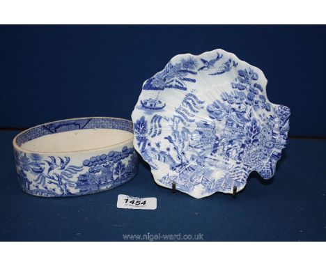 A blue and white transfer print oval Butter Dish possibly Worcester and a transfer print shell shaped Bowl.
