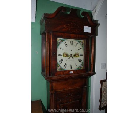 An early 19th c. Mahogany and Oak Longcase Clock, having swan pediment hood with reeded square column supports and single pan