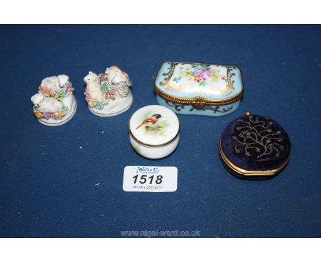 A small Worcester Box, a French pill Box, two small Staffordshire figures of sheep, and a small Purse
