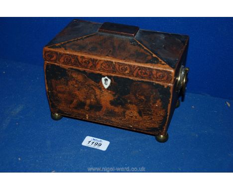 An early 19th c. Tea Caddy decorated with decoupage style images, on four brass ball feet and having lion mask to each side