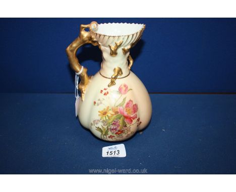 A Royal Worcester blush ivory Jug, with highly gilded shell decoration to rim, twig style handle, Tulips and spring flower de